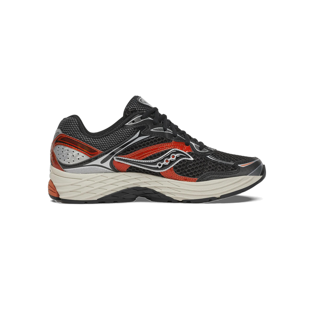 Side profile of a black Saucony running shoe with red and silver overlays, a cream midsole, and the Saucony logo on the side, toe pointing left.