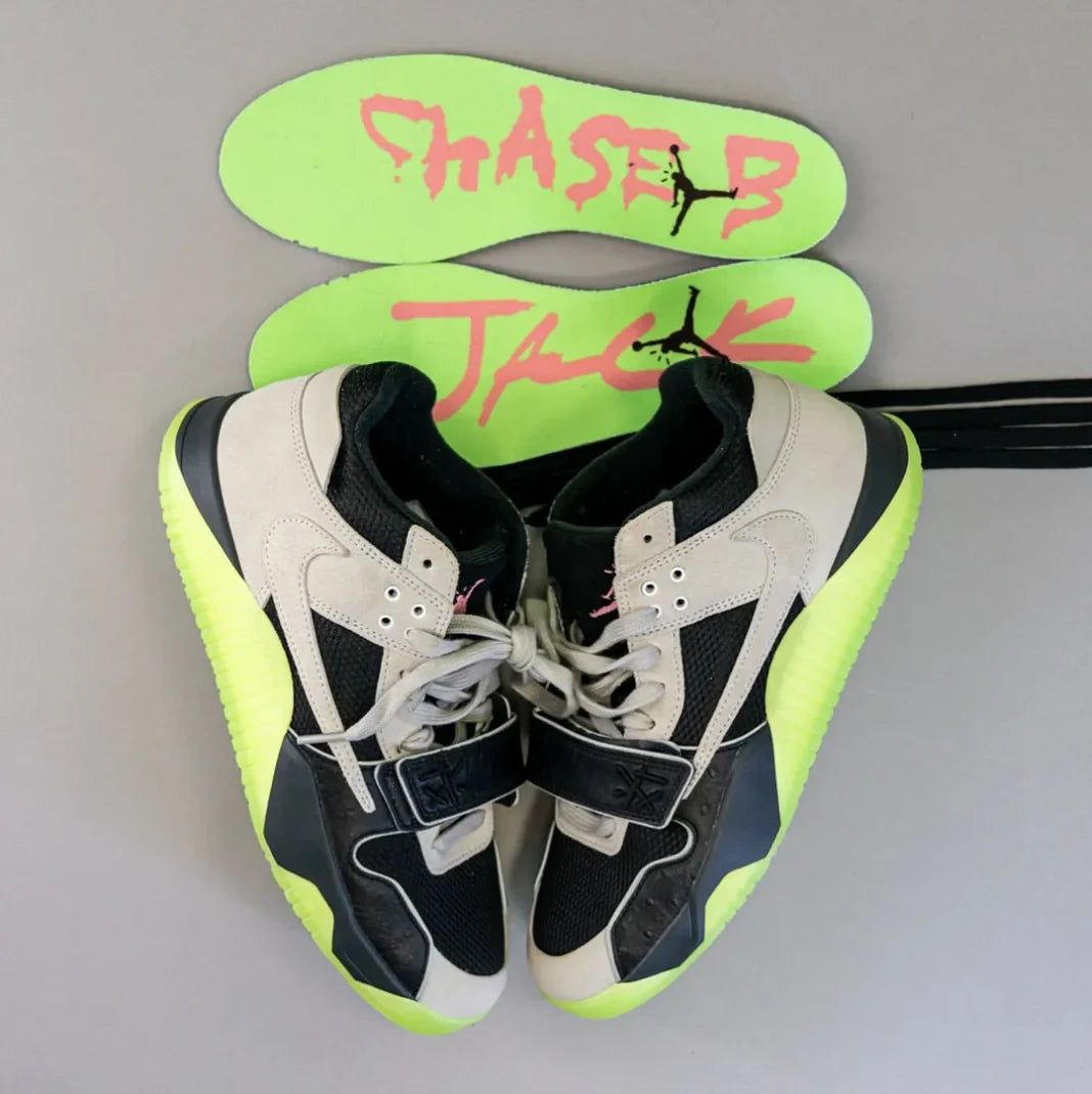 jordan jumpman jack tr travis scott x chase b black night silver premium collaborative sneaker with black and silver design at The Attic
