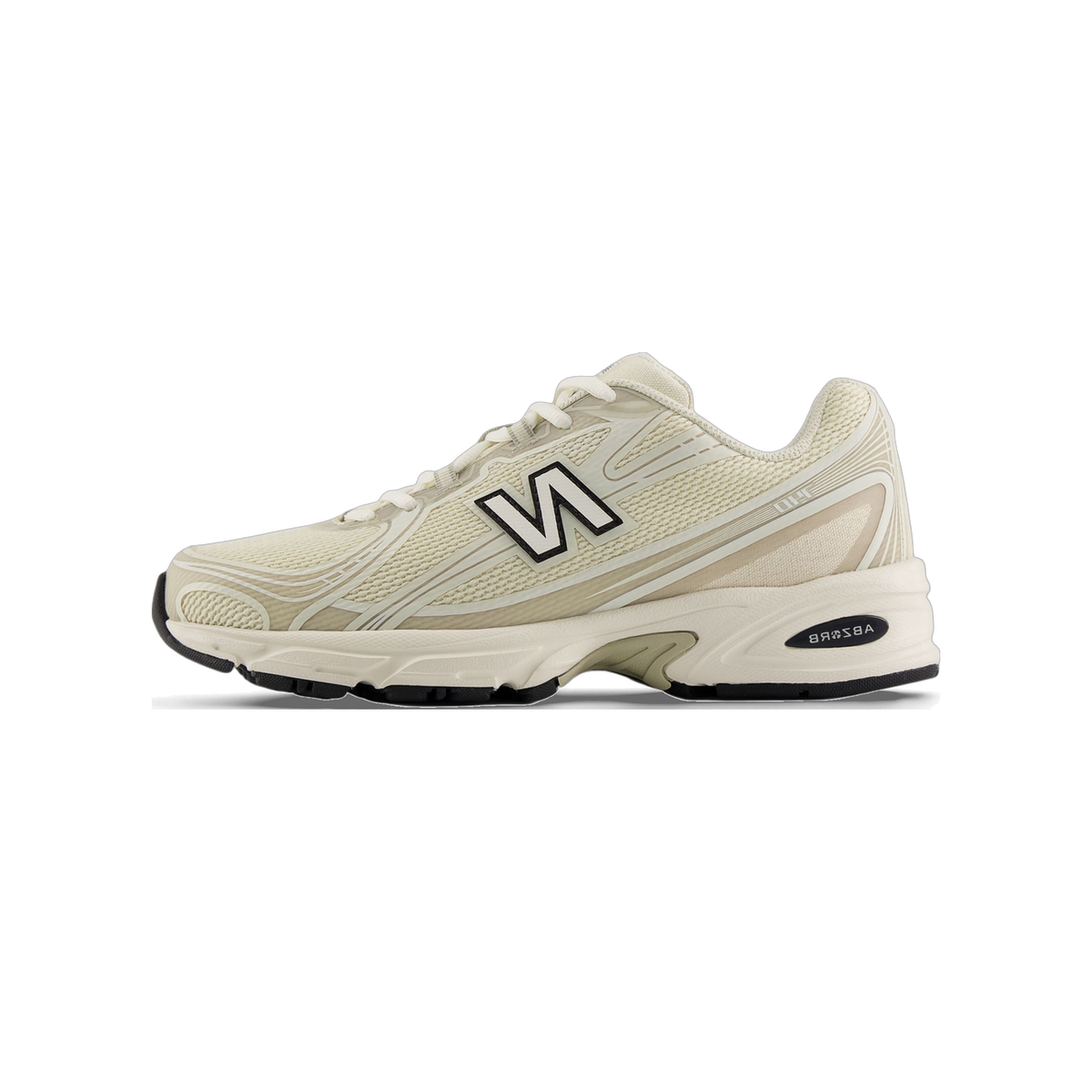 Side view of a beige New Balance 740 sneaker with toe pointing left, showing the black and white N logo and Abzorb cushioned midsole