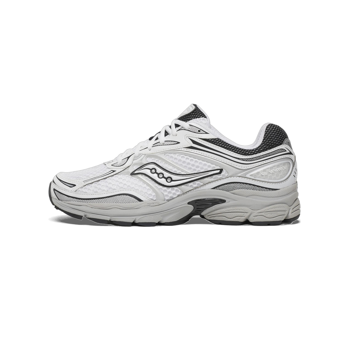 Lateral view of a white Saucony ProGrid Omni 9 running shoe with black mesh accents, silver overlays, and a gray textured outsole.