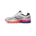 Side view of a white and silver Saucony Omni 9 running shoe with a black mesh heel, coral-red and blue midsole, and a yellow accent stripe, toe pointing right.