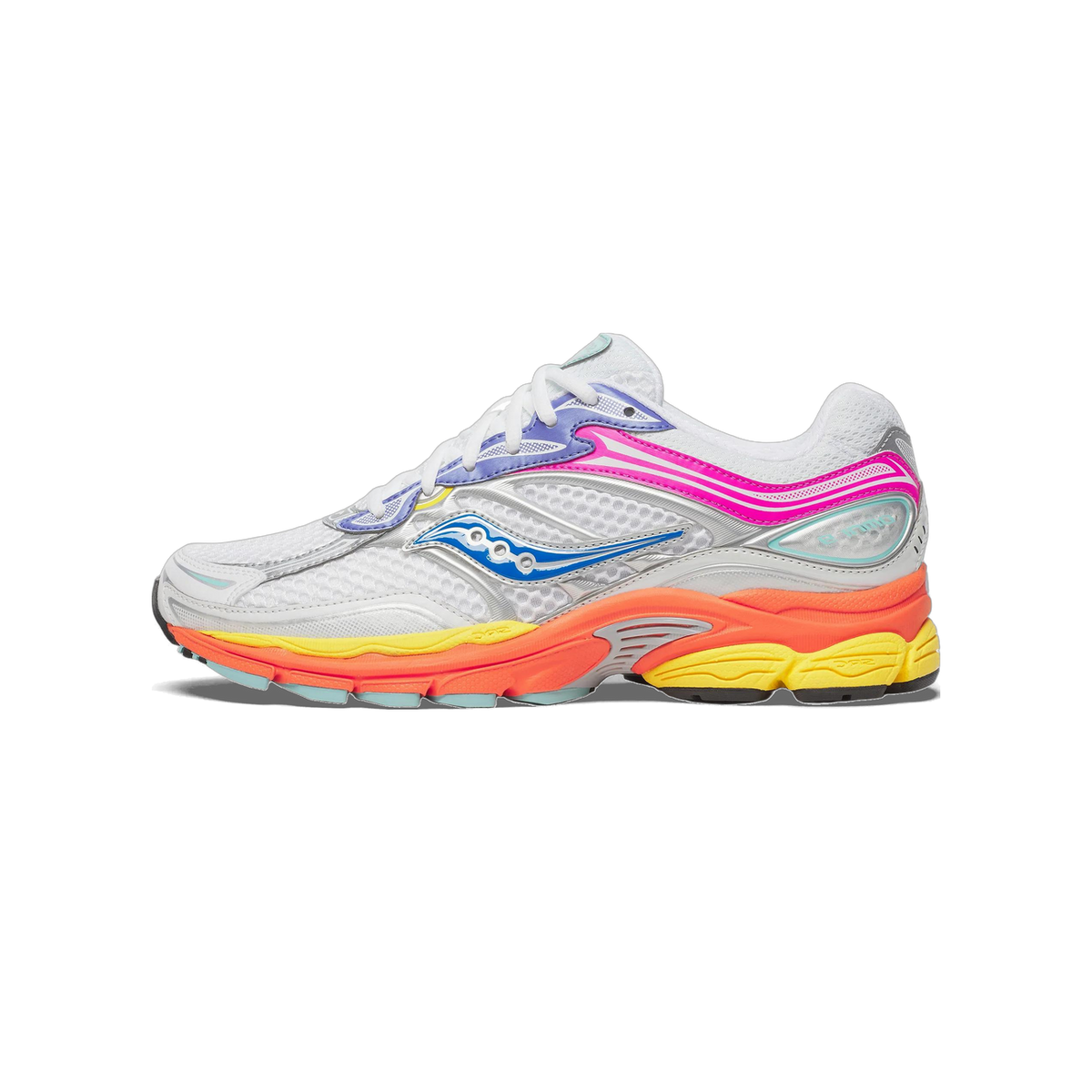 Lateral view of a white Saucony ProGrid Omni 9 sneaker with pink, purple, and blue overlays and an orange-to-yellow gradient midsole.