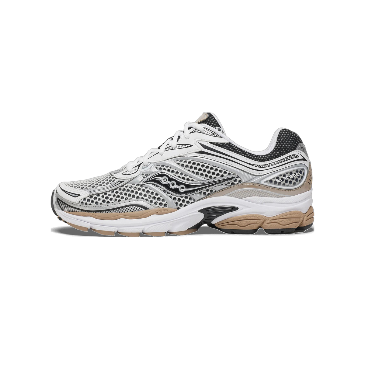 Side view of a Saucony OG ProGrid Omni 9 running shoe in white and silver mesh with black overlays and a brown midsole and outsole