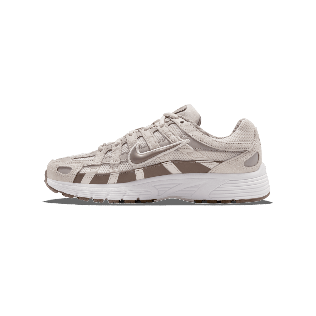 Lateral view of a cream and taupe brown Nike P-6000 sneaker with layered mesh and suede panels, caged lacing, and a white midsole with brown accents