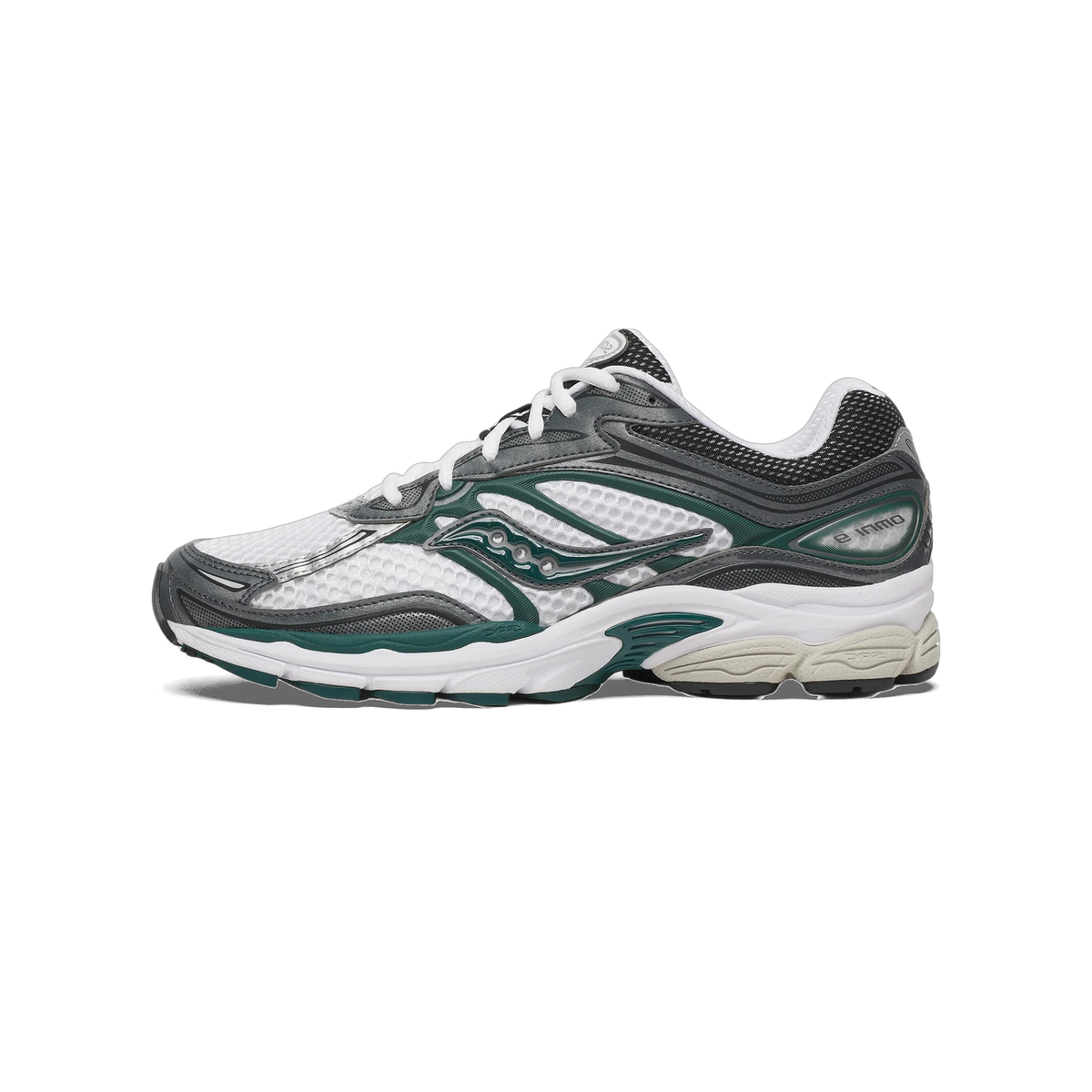 Side profile of a white, grey and dark green Saucony Omni 9 running shoe with white laces, facing left, showing the mesh upper, the Saucony logo on the midfoot and the 'Omni 9' text on the heel.