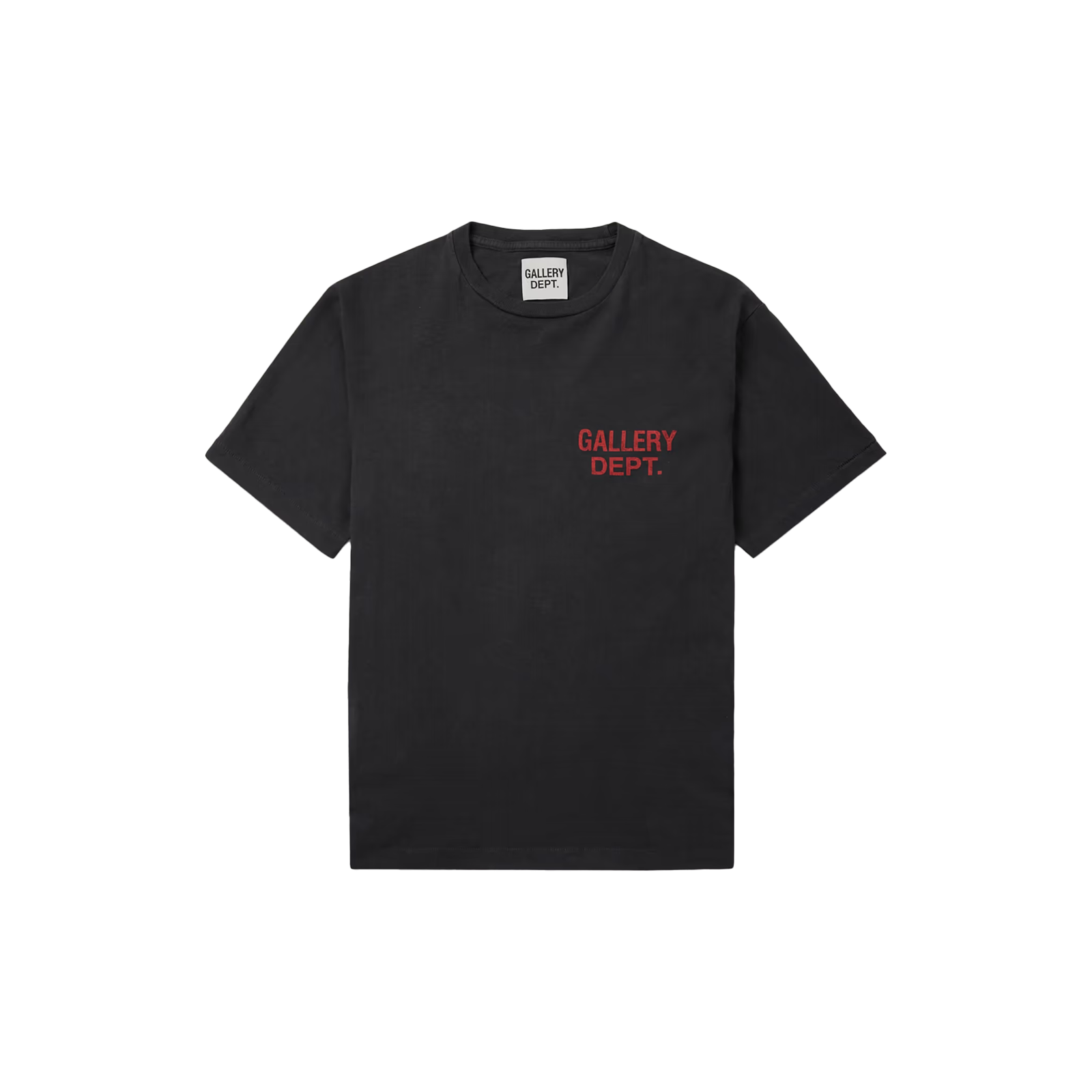 Discover the Gallery Dept. Souvenir Tee 'Washed Black' – a premium washed black short-sleeve tee with bold red lettering, blending vintage flair and modern streetwear style.