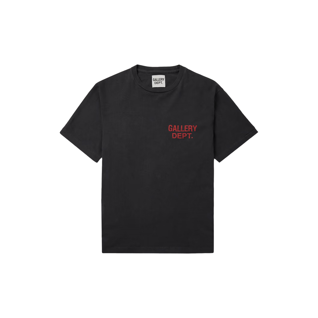 Discover the Gallery Dept. Souvenir Tee 'Washed Black' – a premium washed black short-sleeve tee with bold red lettering, blending vintage flair and modern streetwear style.