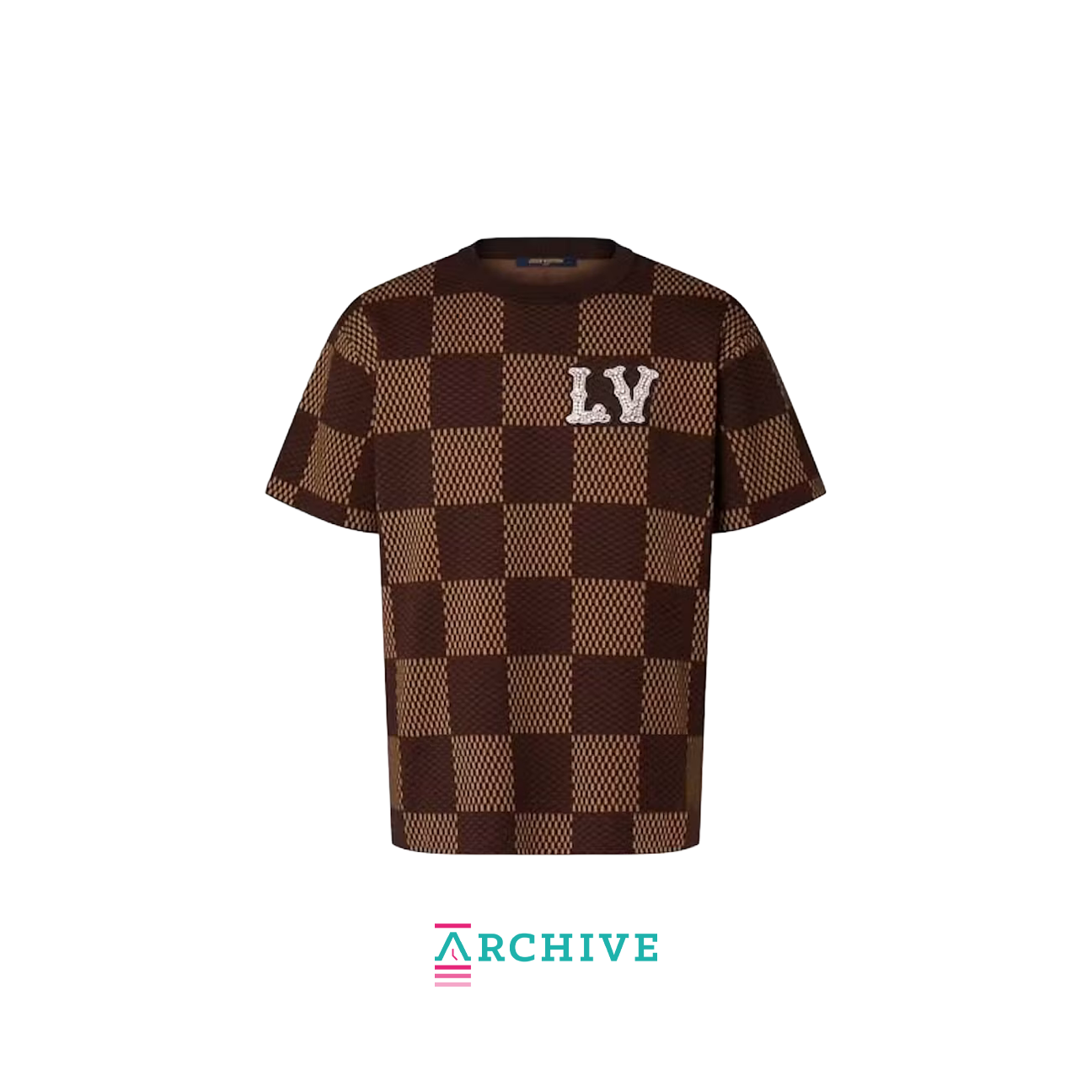 Louis Vuitton Short-Sleeved Cotton Damier Crewneck with Crystal LV Patch 'Sienna' - Size M (ARCHIVE)