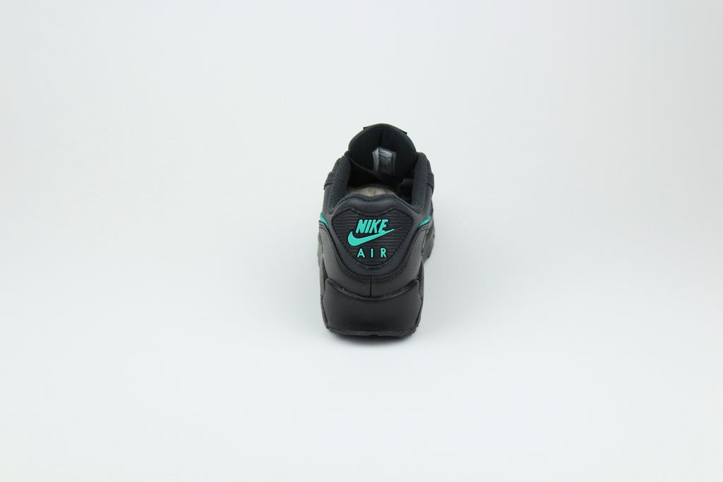 Nike Air Max 90 sneakers in 'Black Tiffany' colorway, bold black and Tiffany blue athletic shoes, perfect for casual and sporty styles.
