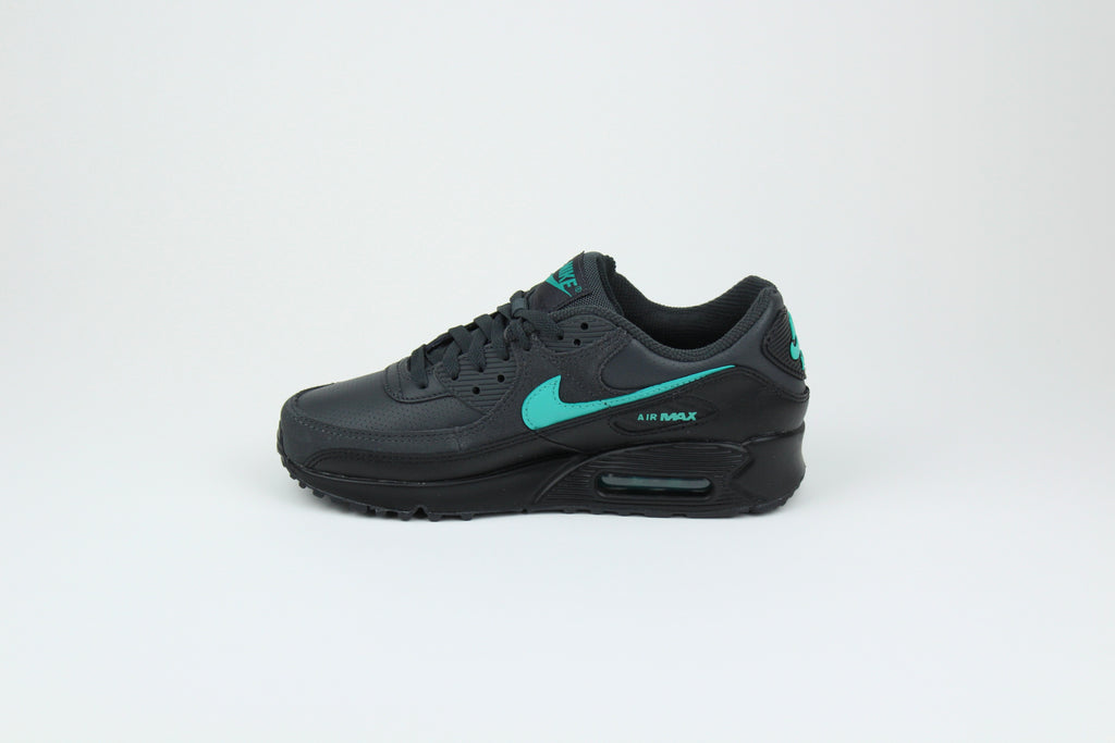 Nike Air Max 90 sneakers in 'Black Tiffany' colorway, bold black and Tiffany blue athletic shoes, perfect for casual and sporty styles.
