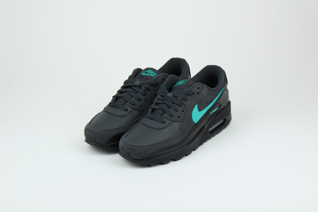 Nike Air Max 90 sneakers in 'Black Tiffany' colorway, bold black and Tiffany blue athletic shoes, perfect for casual and sporty styles.
