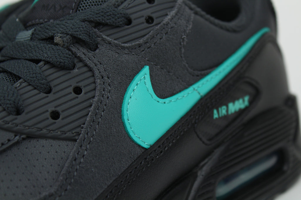 Nike Air Max 90 sneakers in 'Black Tiffany' colorway, bold black and Tiffany blue athletic shoes, perfect for casual and sporty styles.
