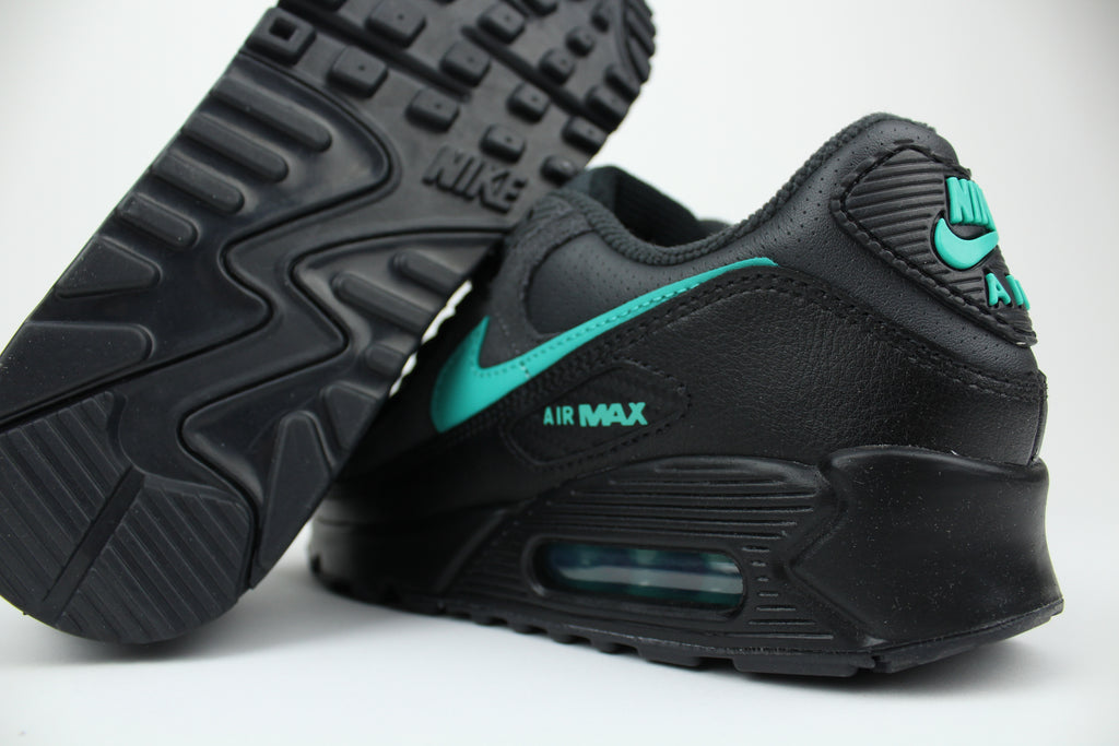 Nike Air Max 90 sneakers in 'Black Tiffany' colorway, bold black and Tiffany blue athletic shoes, perfect for casual and sporty styles.
