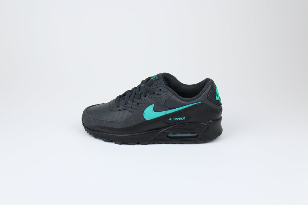 Nike Air Max 90 sneakers in 'Black Tiffany' colorway, bold black and Tiffany blue athletic shoes, perfect for casual and sporty styles.
