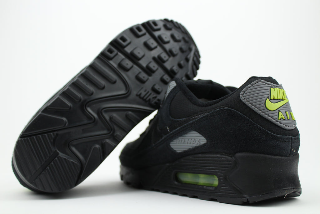 Nike Air Max 90 Black Volt sneakers with black and vibrant green colorway, featuring iconic air cushioning, breathable mesh, and durable design for performance and style