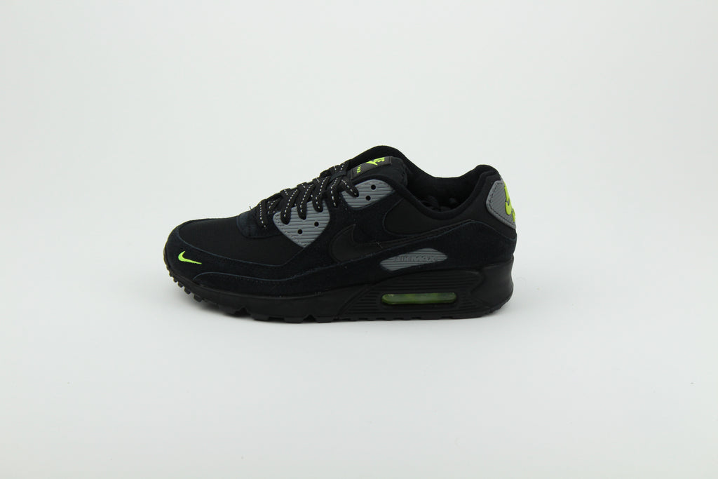 Nike Air Max 90 Black Volt sneakers with black and vibrant green colorway, featuring iconic air cushioning, breathable mesh, and durable design for performance and style