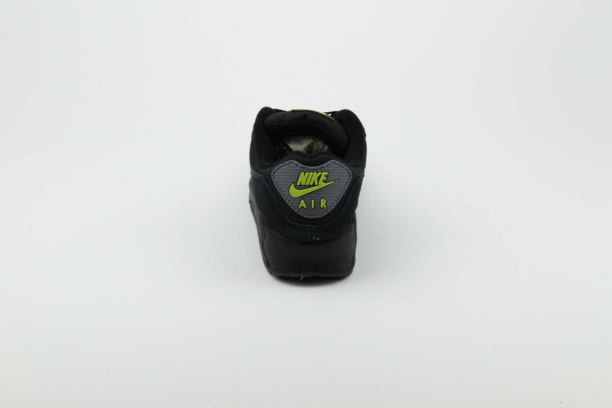 Nike Air Max 90 Black Volt sneakers with black and vibrant green colorway, featuring iconic air cushioning, breathable mesh, and durable design for performance and style