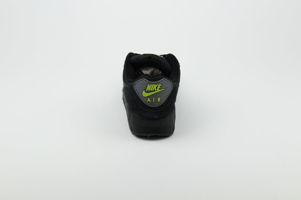 Nike Air Max 90 Black Volt sneakers with black and vibrant green colorway, featuring iconic air cushioning, breathable mesh, and durable design for performance and style
