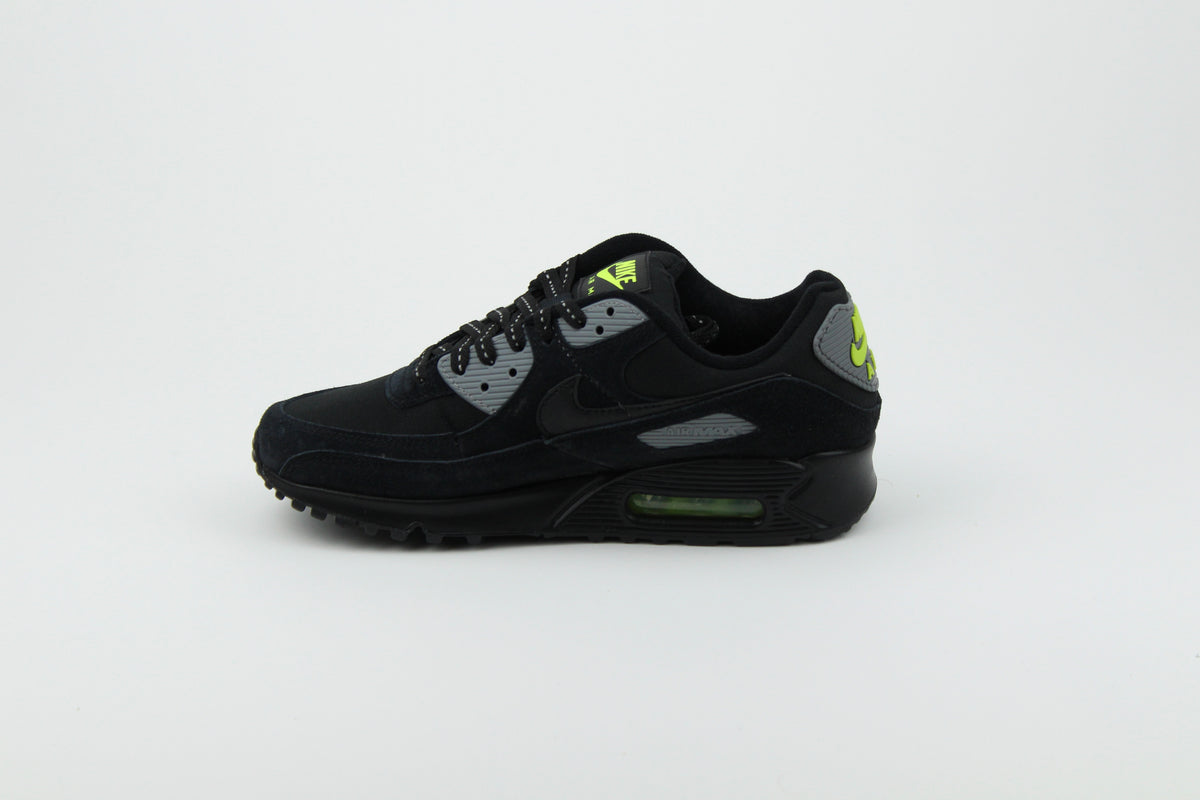 Nike Air Max 90 Black Volt sneakers with black and vibrant green colorway, featuring iconic air cushioning, breathable mesh, and durable design for performance and style
