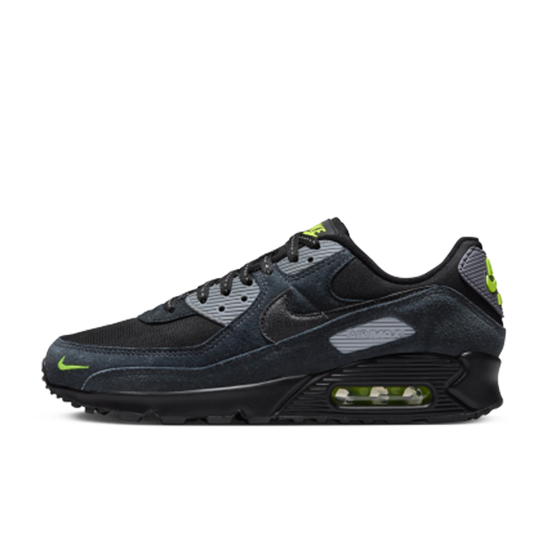 Nike Air Max 90 Black Volt sneakers with black and vibrant green colorway, featuring iconic air cushioning, breathable mesh, and durable design for performance and style