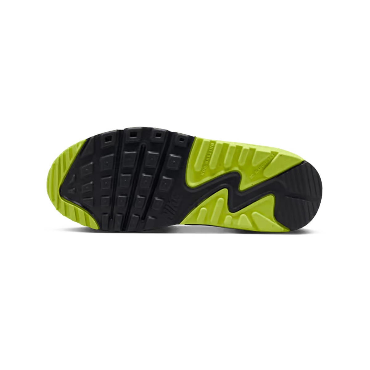 Widok podeszwy Nike Air Max 90 z czarno zielonym neonowym wzorem bieżnika typu gofr.