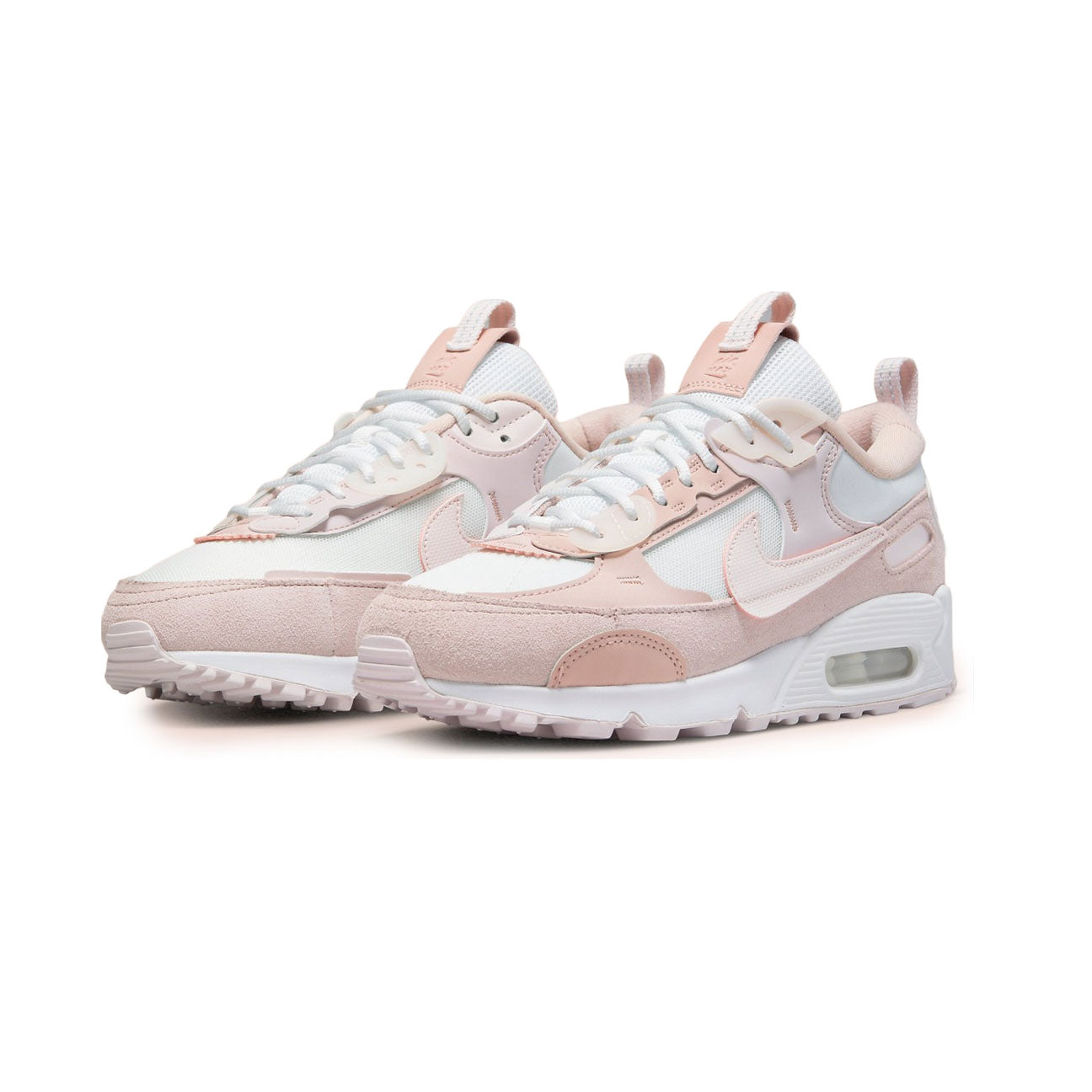 Nike Air Max 90 Futura Summit White Barely Rose womens sneaker with mesh and leather upper and visible Air cushioning