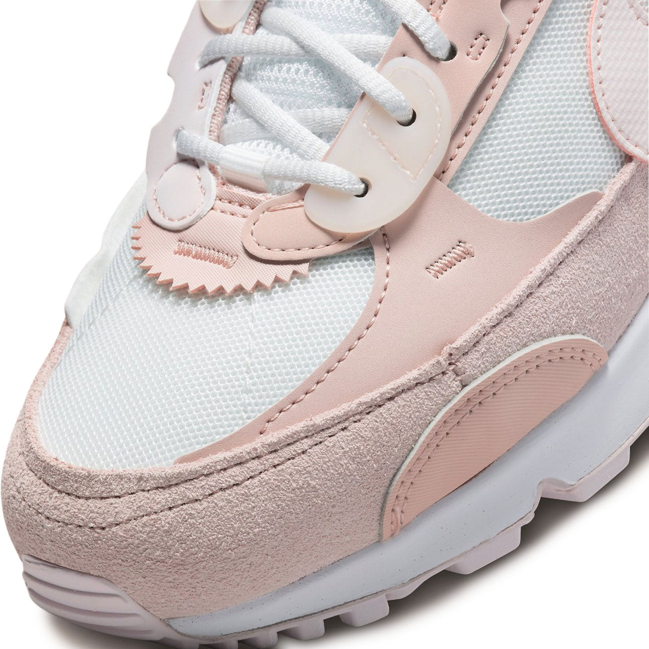 Nike Air Max 90 Futura Summit White Barely Rose womens sneaker with mesh and leather upper and visible Air cushioning