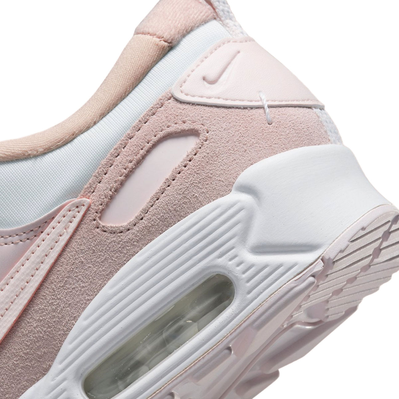 Nike Air Max 90 Futura Summit White Barely Rose womens sneaker with mesh and leather upper and visible Air cushioning