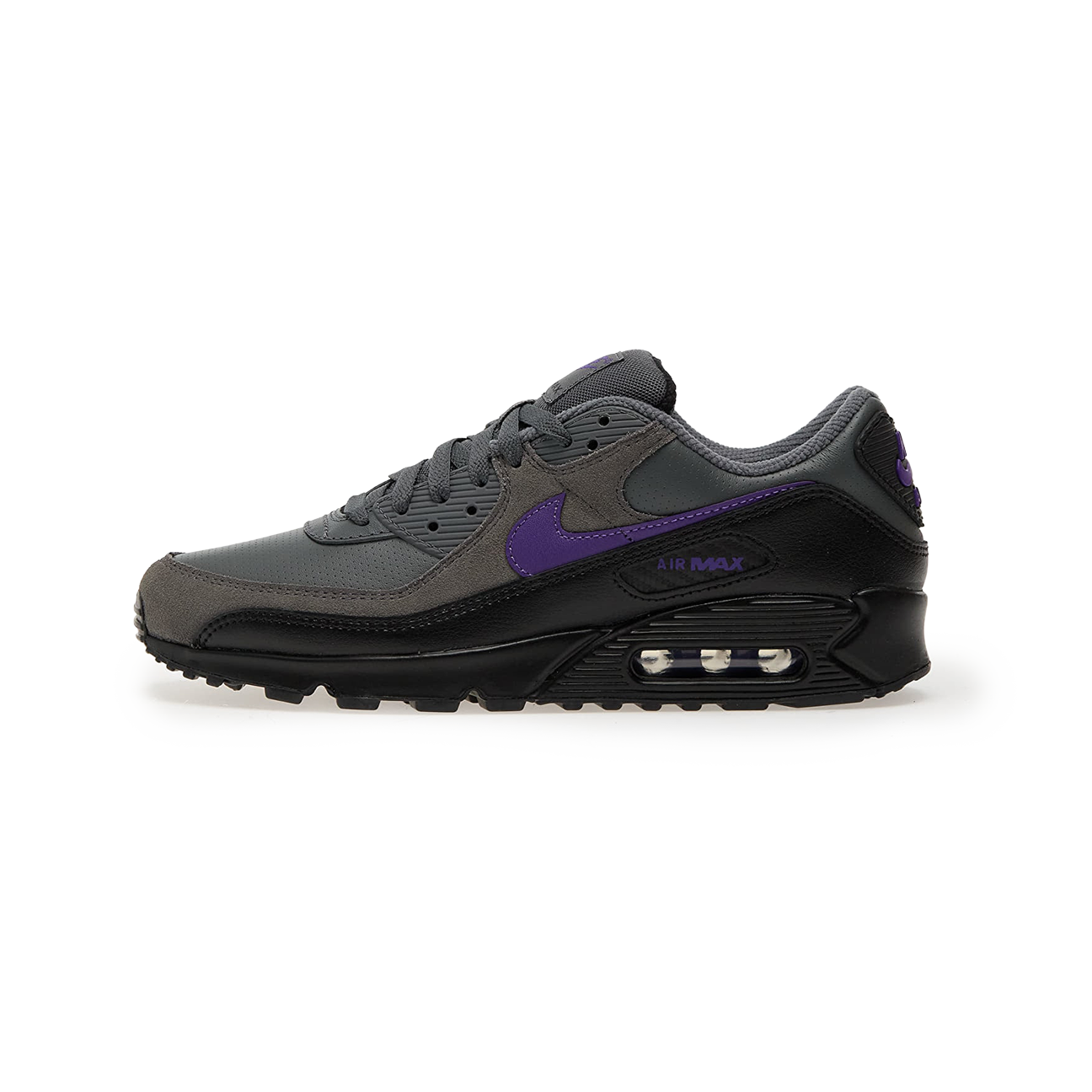 Nike Air Max 90 Iron Grey Wild Grape sneaker with mesh and leather upper purple accents and classic Air Max cushioning available at The Attic