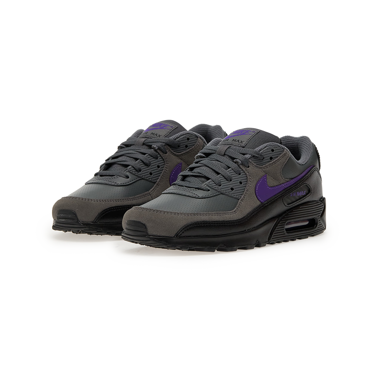 Nike Air Max 90 Iron Grey Wild Grape sneaker with mesh and leather upper purple accents and classic Air Max cushioning available at The Attic