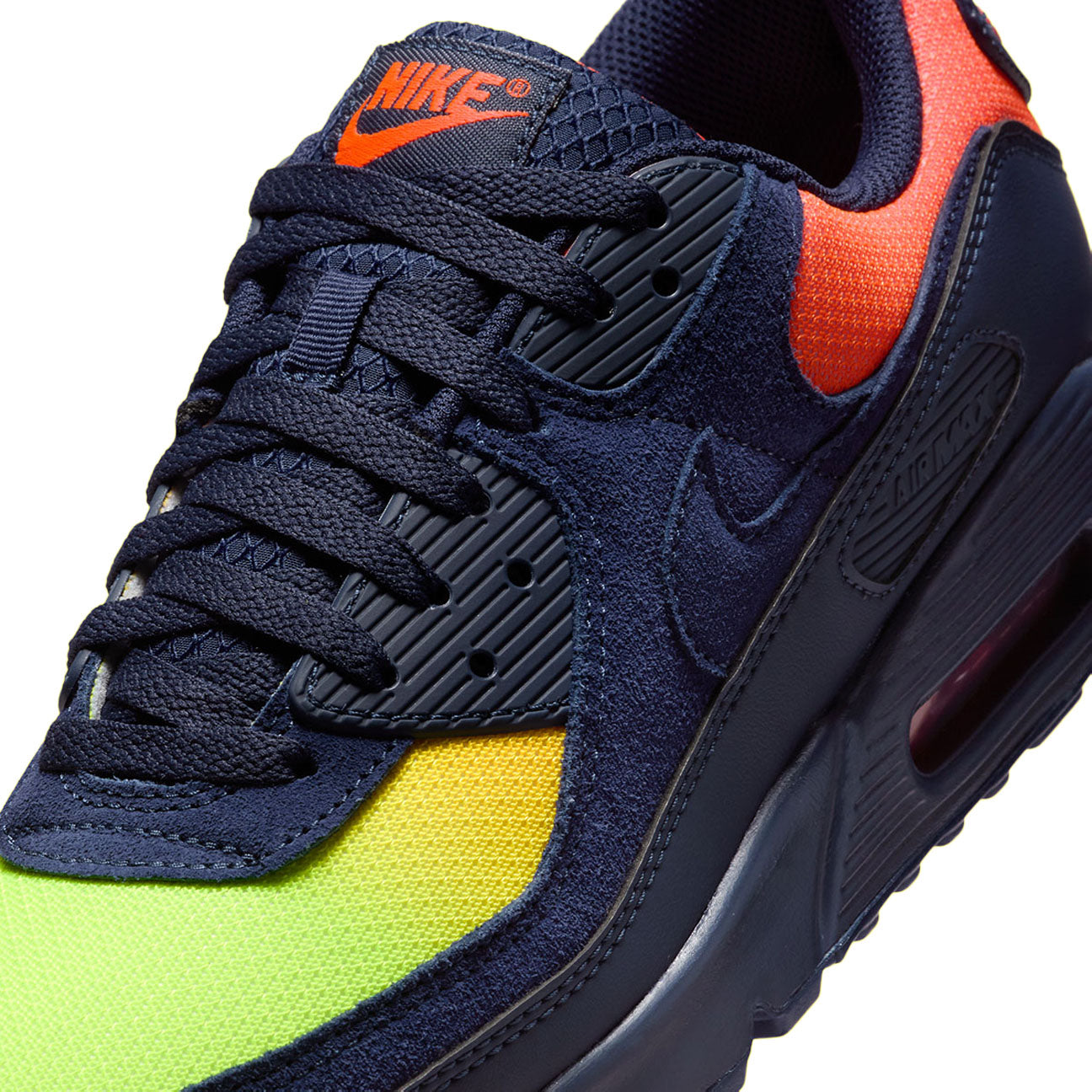 Nike Air Max 90 LTR Lemon Venom Blackened Blue GS sneaker with leather upper bold yellow colourway and visible Air cushioning