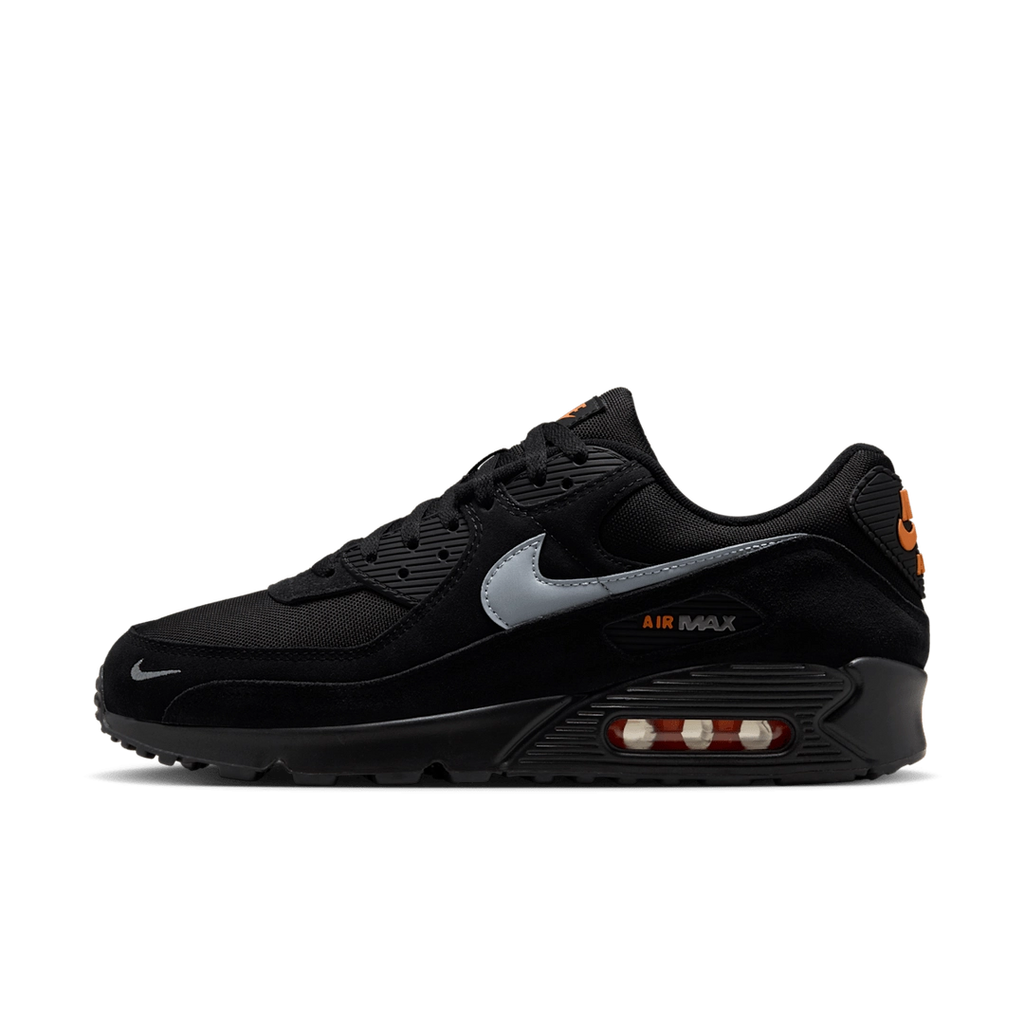 Nike Air Max 90 Mini Swoosh Black & Total Orange – Retro Running Sneakers, Black and Orange Leather Lifestyle Shoes, Iconic Streetwear Trainers
