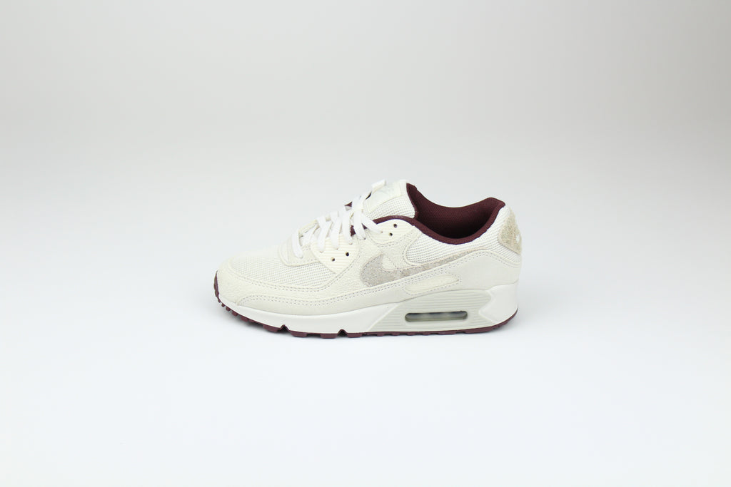 Nike Air Max 90 'Phantom & Burgundy Crush' – stylish sneakers featuring a sleek combination of phantom and burgundy crush colours, Air Max cushioning for comfort, and premium construction, ideal for casual and streetwear outfits.
