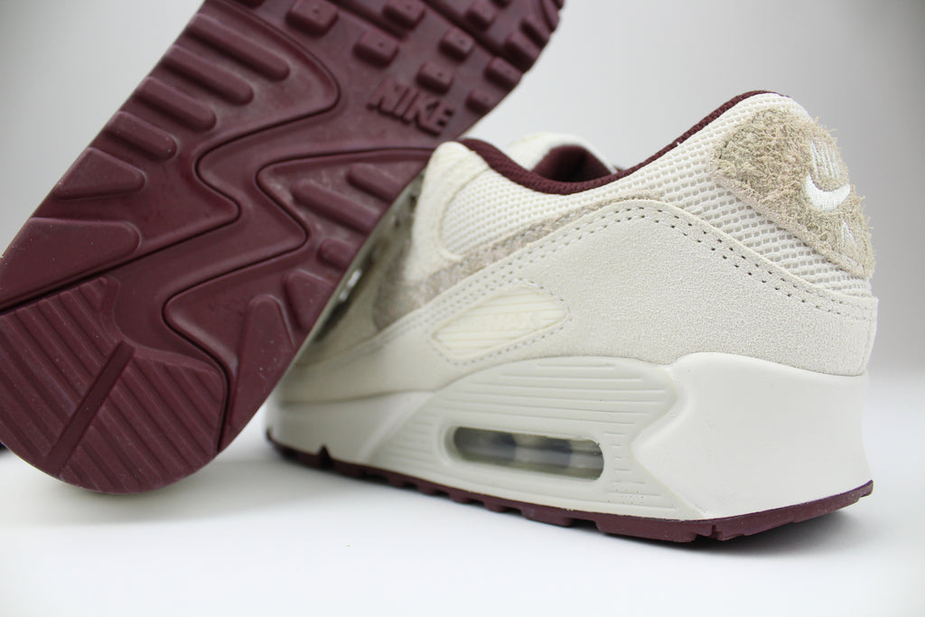 Nike Air Max 90 'Phantom & Burgundy Crush' – stylish sneakers featuring a sleek combination of phantom and burgundy crush colours, Air Max cushioning for comfort, and premium construction, ideal for casual and streetwear outfits.