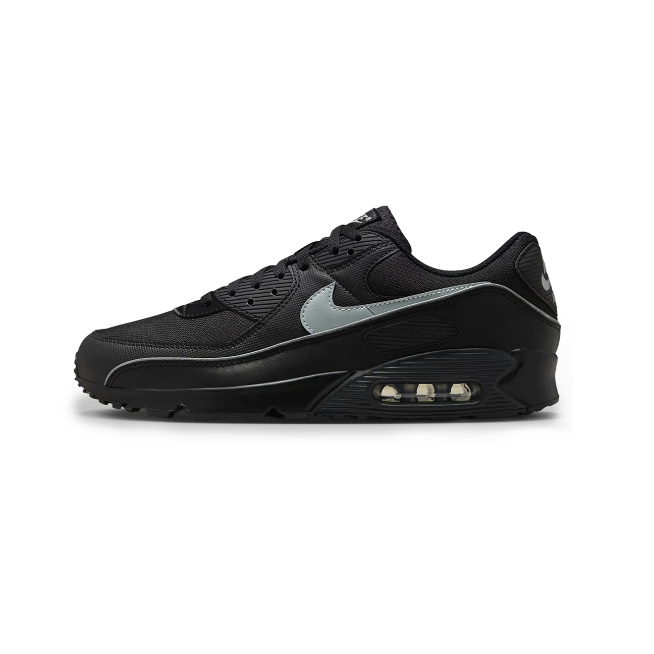 Nike Air Max 90 Premium Black Reflective sneaker with black upper reflective details and classic Air Max cushioning available at The Attic
