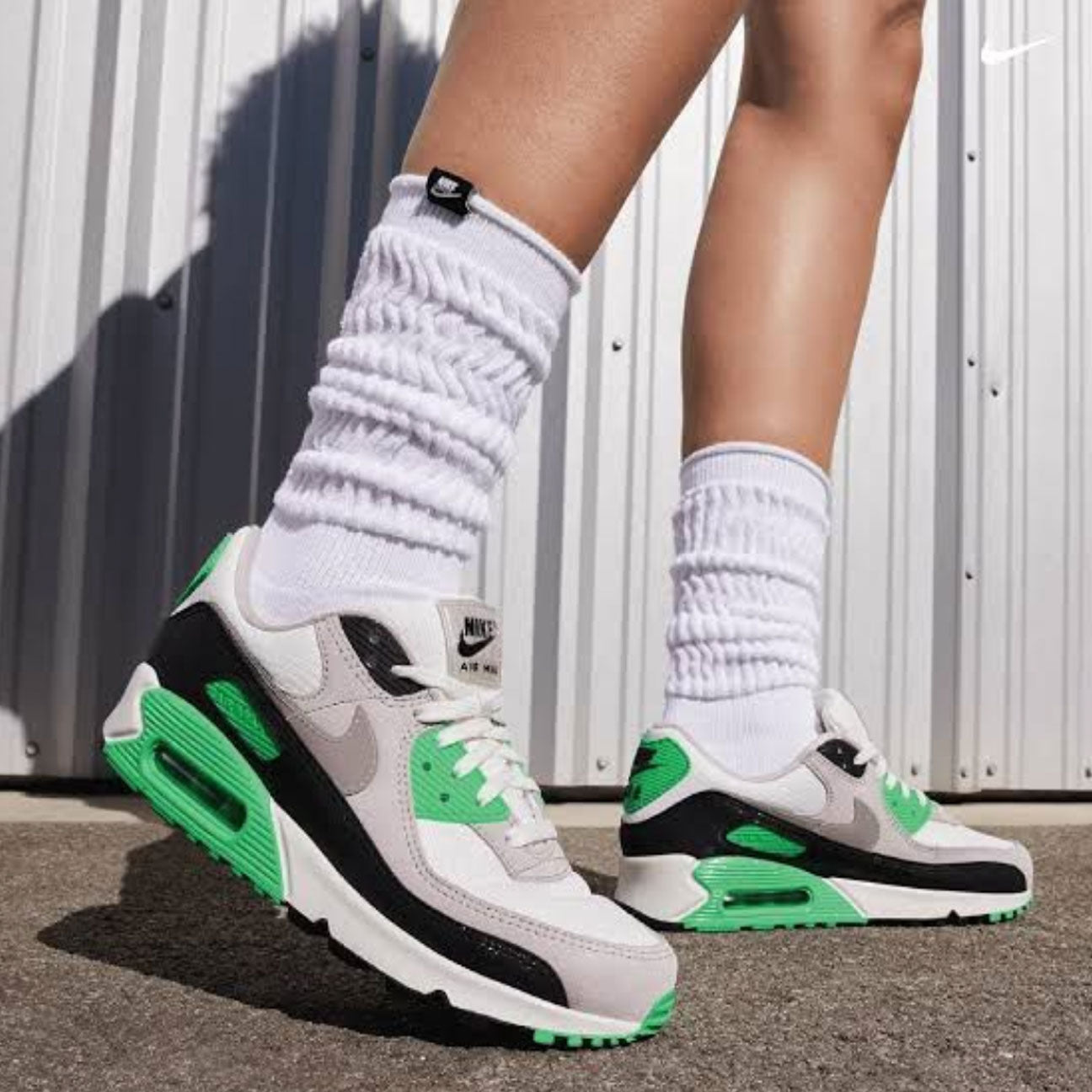 Nike Air Max 90 Scream Green womens sneaker with mesh and leather upper and visible Air cushioning