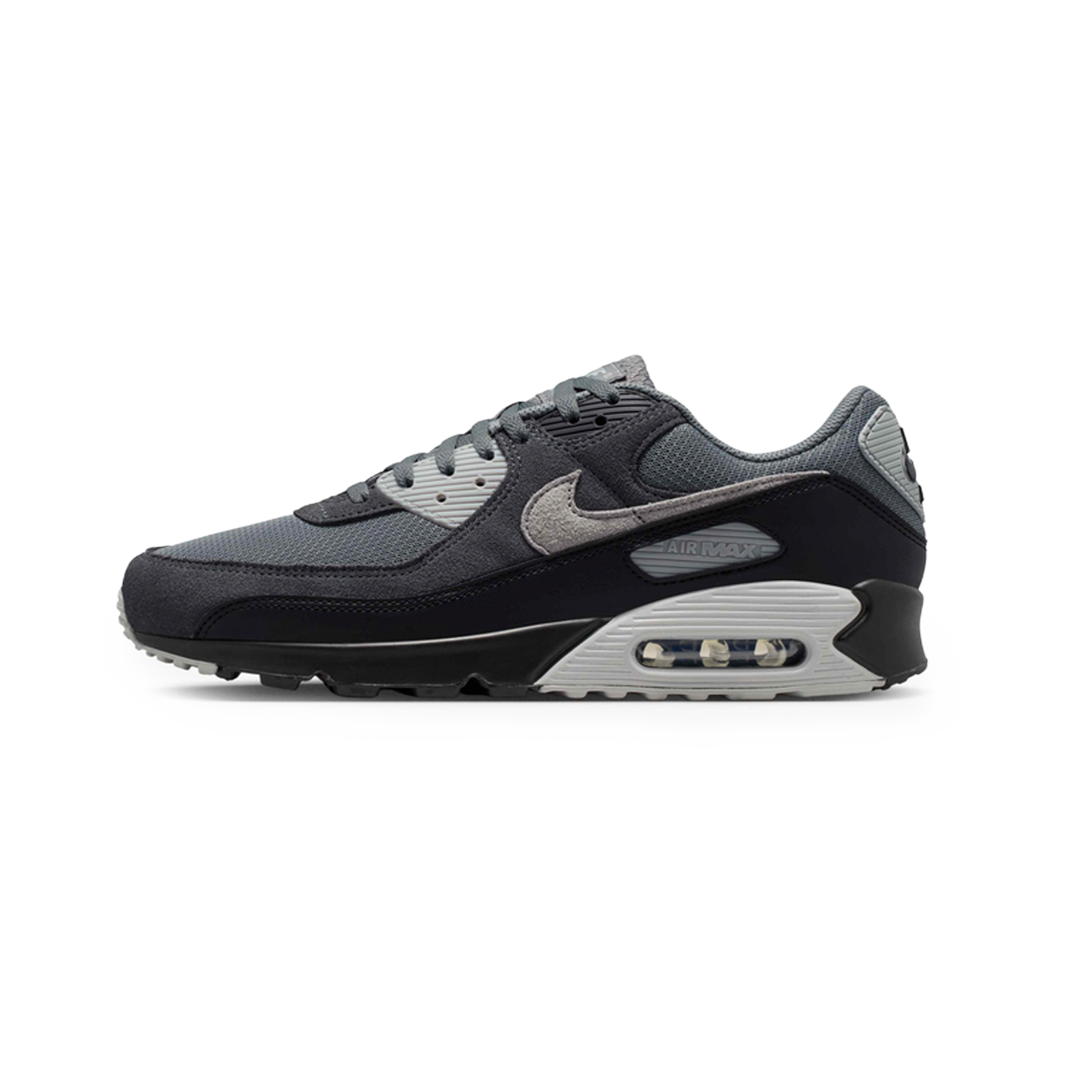 Nike Air Max 90 Smoke Grey Black Photon Dust sneaker with layered grey upper and classic Air cushioning available at The Attic


