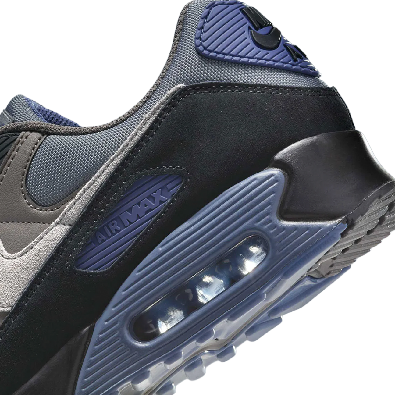 Nike Air Max 90 Smoke Grey Diffused Blue sneaker with grey mesh upper blue accents and Air Max cushioning available at The Attic
