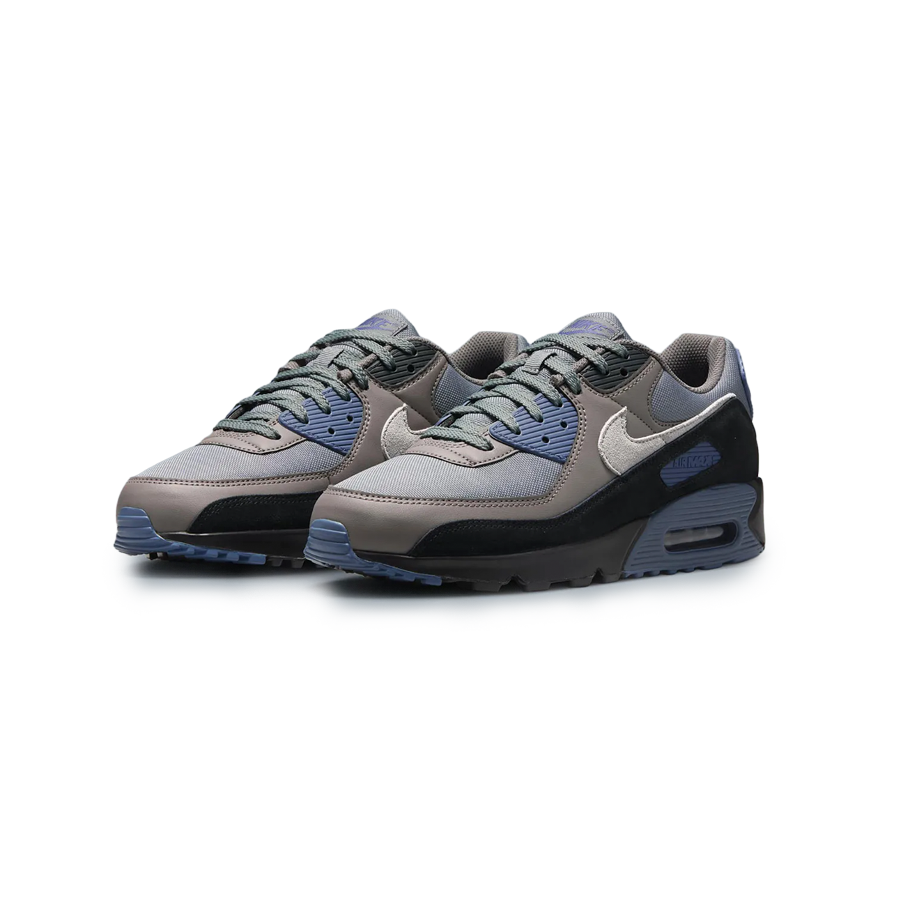 Nike Air Max 90 Smoke Grey Diffused Blue sneaker with grey mesh upper blue accents and Air Max cushioning available at The Attic
