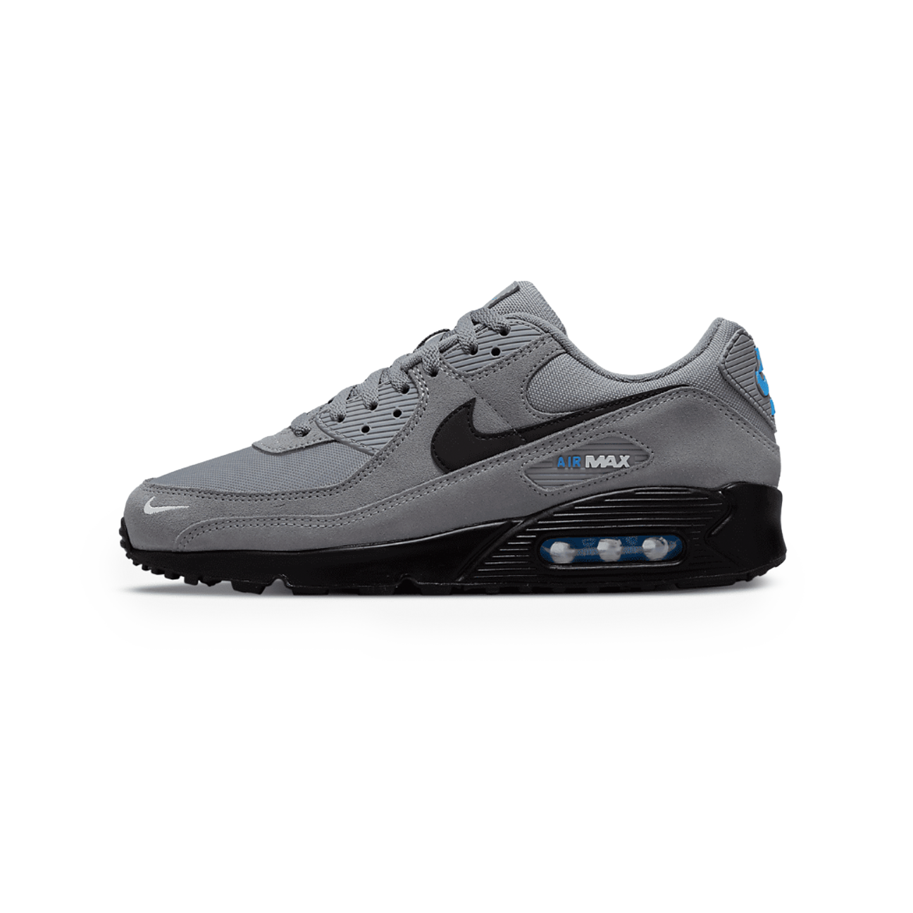 Nike Air Max 90 Smoke Grey Light Photo Blue sneaker with mesh and leather upper blue accents and classic Air Max cushioning available at The Attic