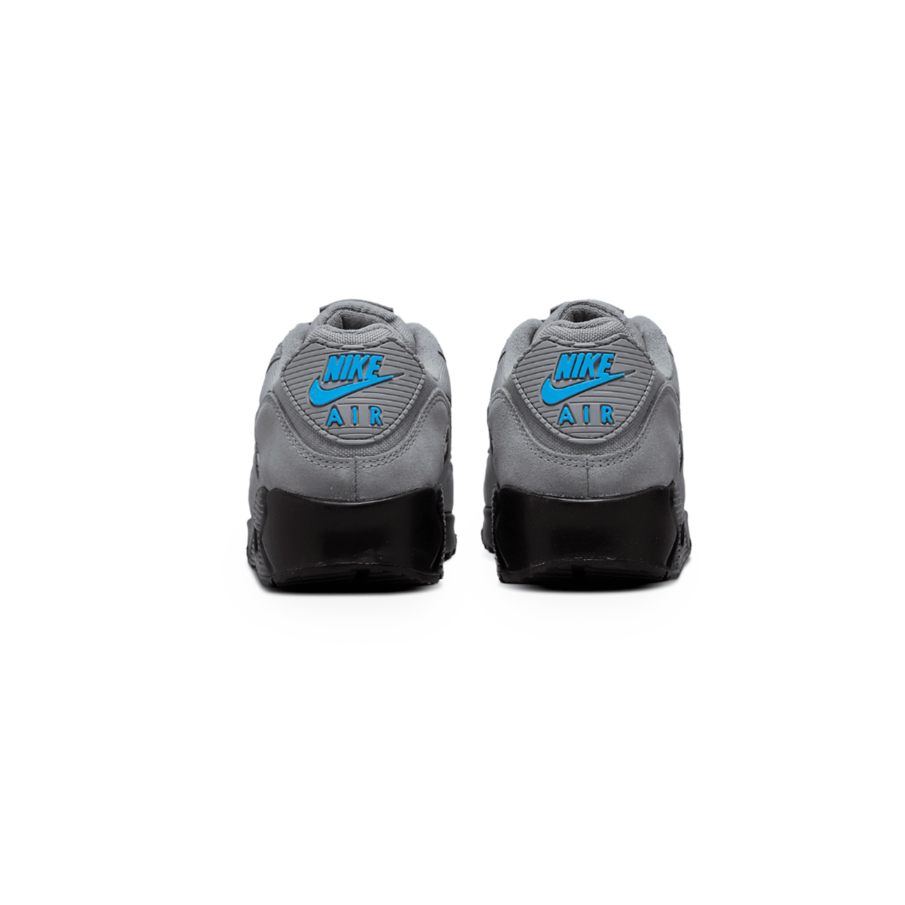Nike Air Max 90 Smoke Grey Light Photo Blue sneaker with mesh and leather upper blue accents and classic Air Max cushioning available at The Attic