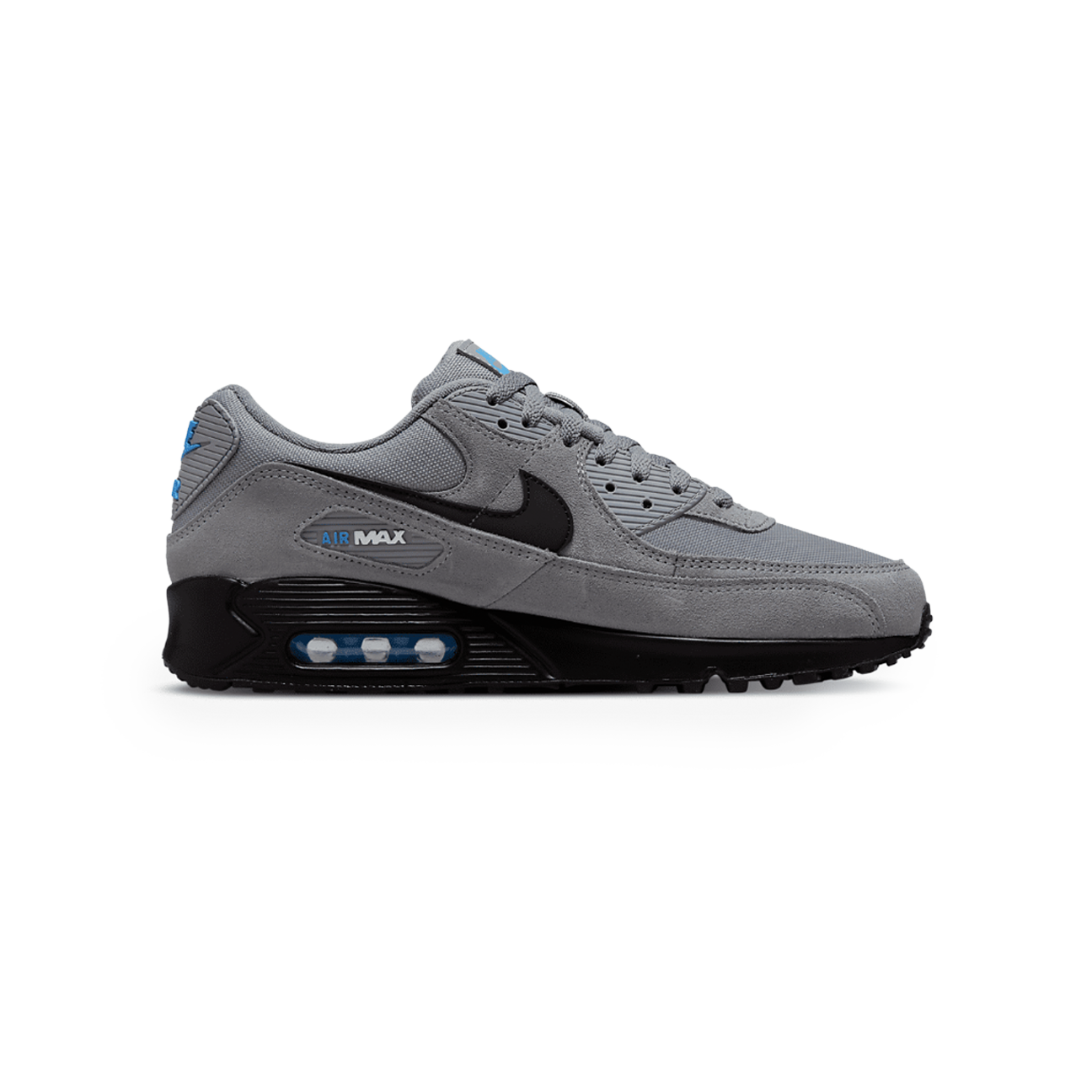 Nike Air Max 90 Smoke Grey Light Photo Blue sneaker with mesh and leather upper blue accents and classic Air Max cushioning available at The Attic