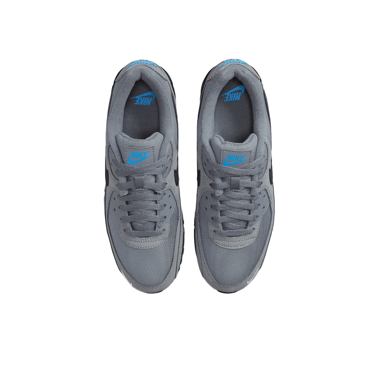 Nike Air Max 90 Smoke Grey Light Photo Blue sneaker with mesh and leather upper blue accents and classic Air Max cushioning available at The Attic