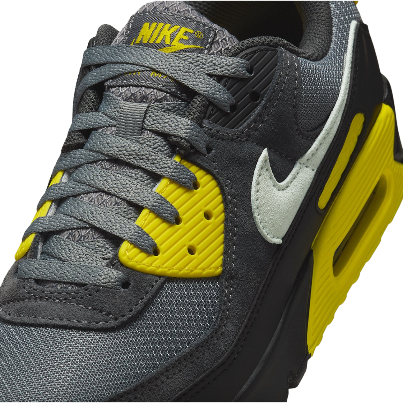 Nike Air Max 90 Smoke Grey Lightning sneaker with grey upper and bright Lightning accents available at The Attic