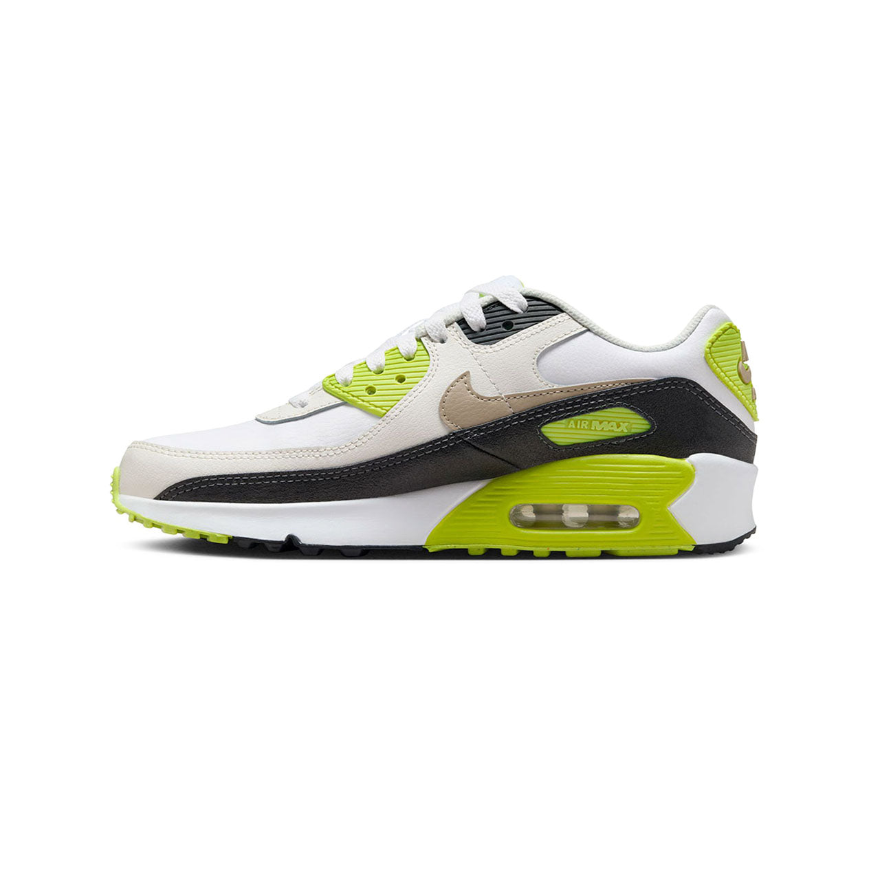 Nike Air Max 90 White Cyber Dark Smoke Grey Khaki GS sneaker with mesh and leather upper and visible Air cushioning