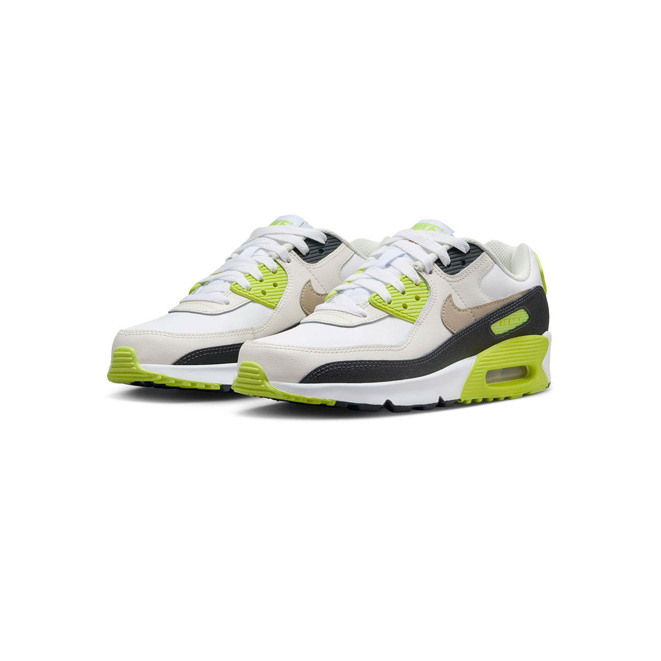 Nike Air Max 90 White Cyber Dark Smoke Grey Khaki GS sneaker with mesh and leather upper and visible Air cushioning