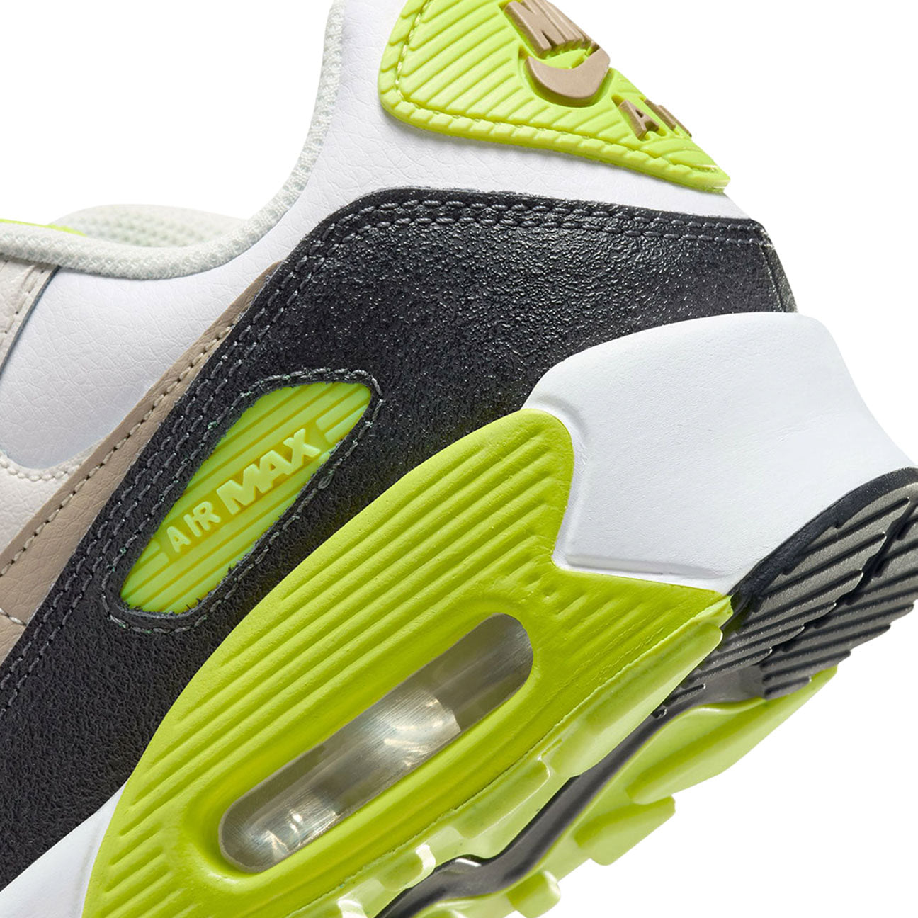 Nike Air Max 90 White Cyber Dark Smoke Grey Khaki GS sneaker with mesh and leather upper and visible Air cushioning