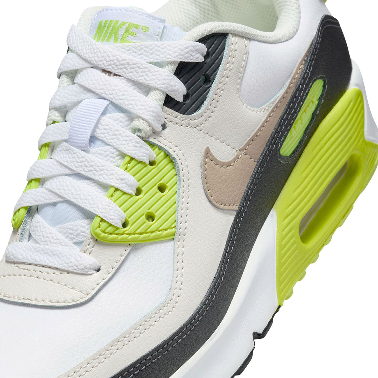 Nike Air Max 90 White Cyber Dark Smoke Grey Khaki GS sneaker with mesh and leather upper and visible Air cushioning