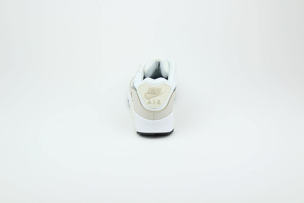 Nike Air Max 90 (Women's) sneakers in 'White & Flat Pewter' colorway, stylish and comfortable women's athletic shoes with white and pewter accents, perfect for casual and sporty wear.