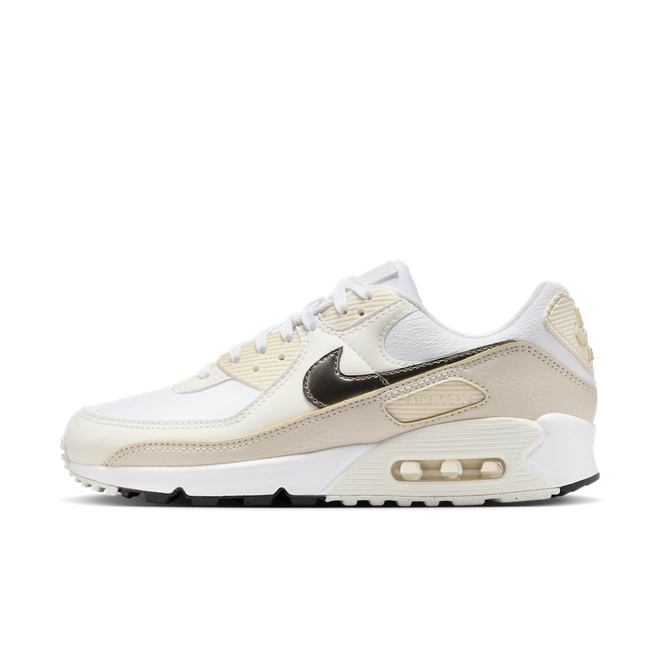 Nike Air Max 90 (Women's) sneakers in 'White & Flat Pewter' colorway, stylish and comfortable women's athletic shoes with white and pewter accents, perfect for casual and sporty wear.